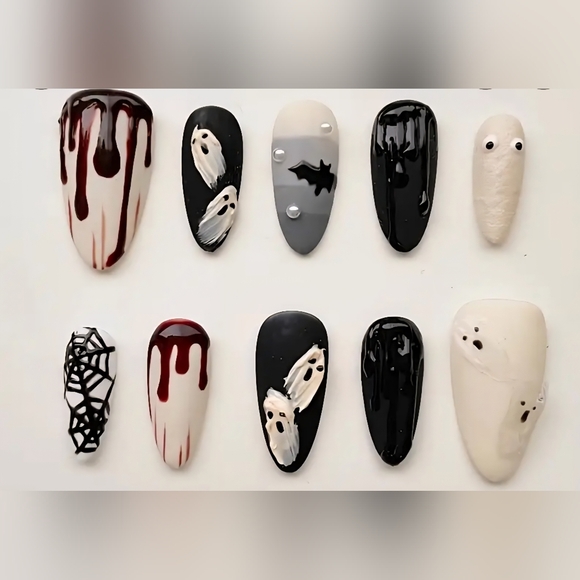 Spooky Ghost Spider Web & Blood Drip Halloween Almond Press On Nails - Picture 1 of 4